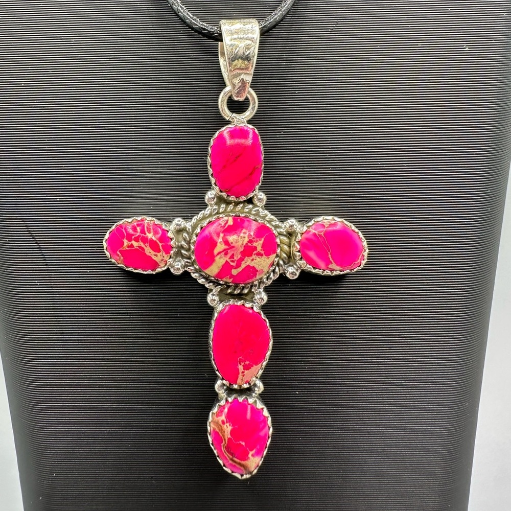 Pink Sea Sediment Jasper Sterling Silver 925 Cross Necklace Pendant Handmade